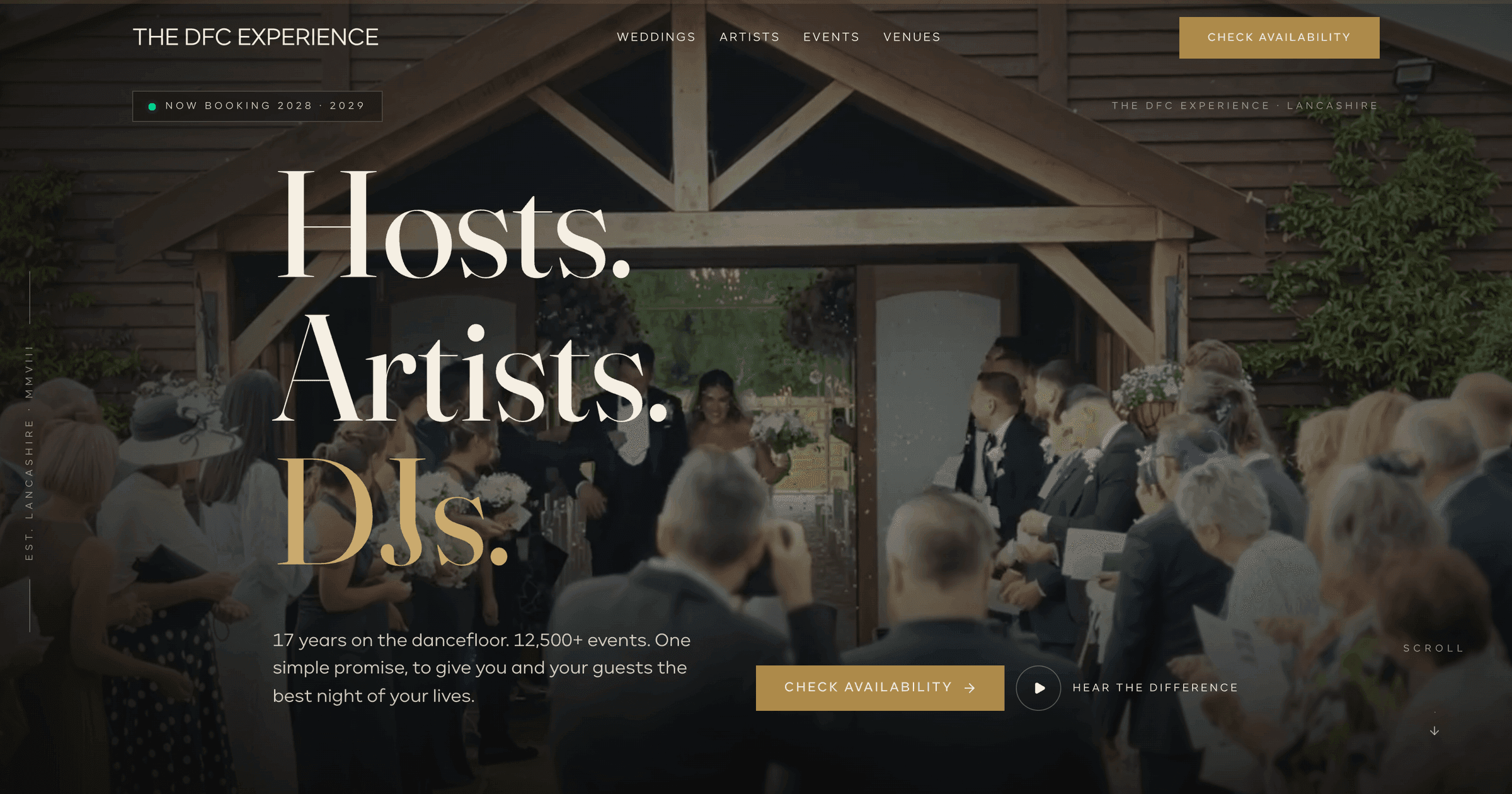 The DFC Experience website, desktop view of the live entertainment booking site