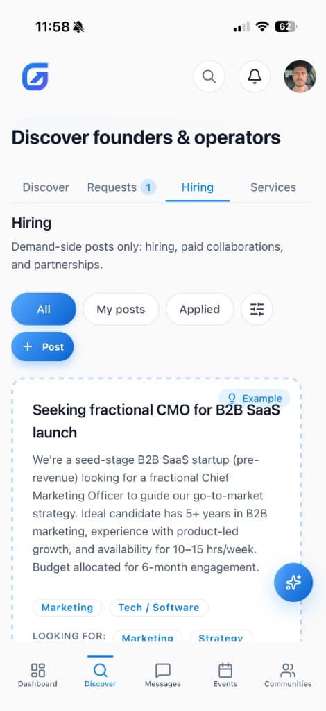 GrowthSync app: dashboard with quick actions and daily growth tip